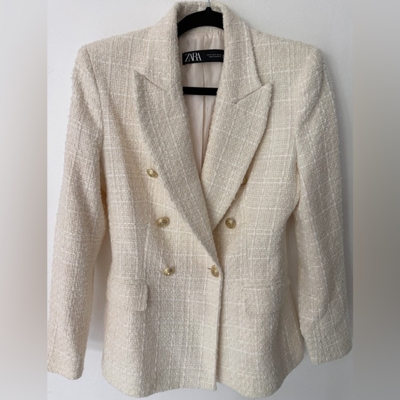 ZARA Cream Tweed Blazer | Double Breasted Gold Buttons | Chanel Style | Size S - Picture 2 of 11